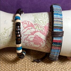 Wood Bead Bracelet and Braided Leather Bracelet with Colorful Design Bundle (F)